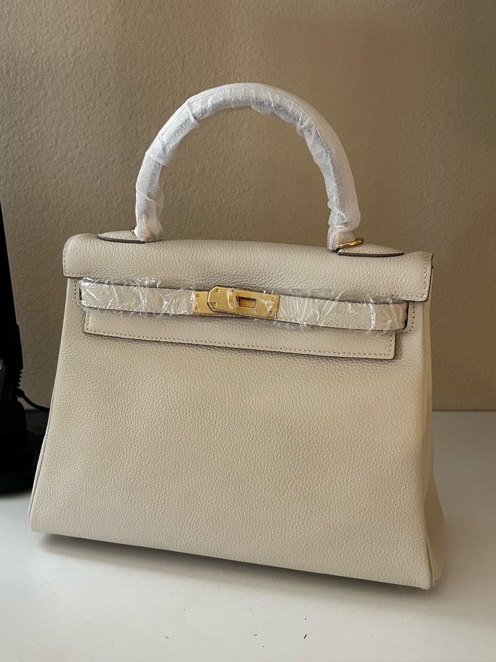28cm Gold on Cream Top-Handle Leather Satchel KL Style
